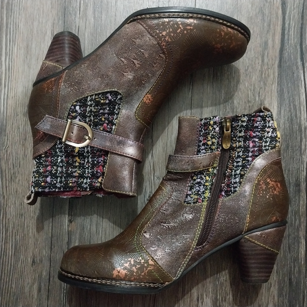 L'Artiste Leather Tweed Ankle Boots Womens 40 Brown Textile Artsy Boho Booties